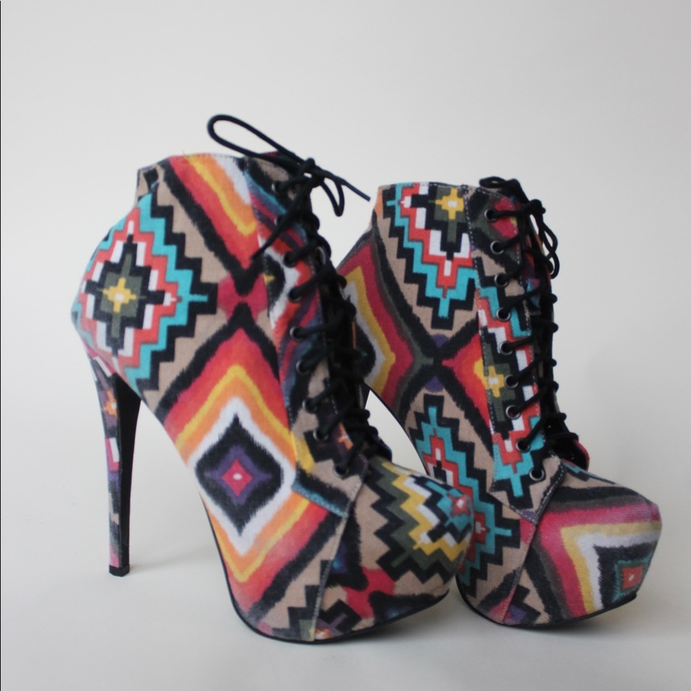 Multi Colored Print Tie Up Ankle Boot Heels